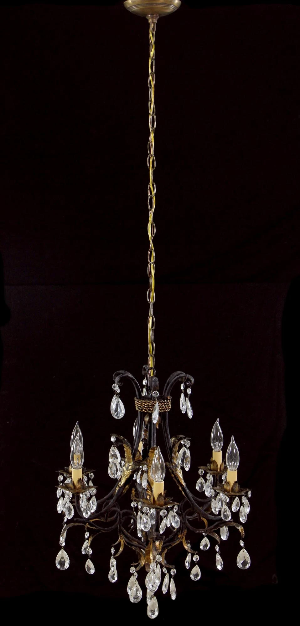 Early 20th Century 6 Arm Black Tole Crystal Chandelier 3 Early 20th Century 6 Arm Black Tole Crystal Chandelier