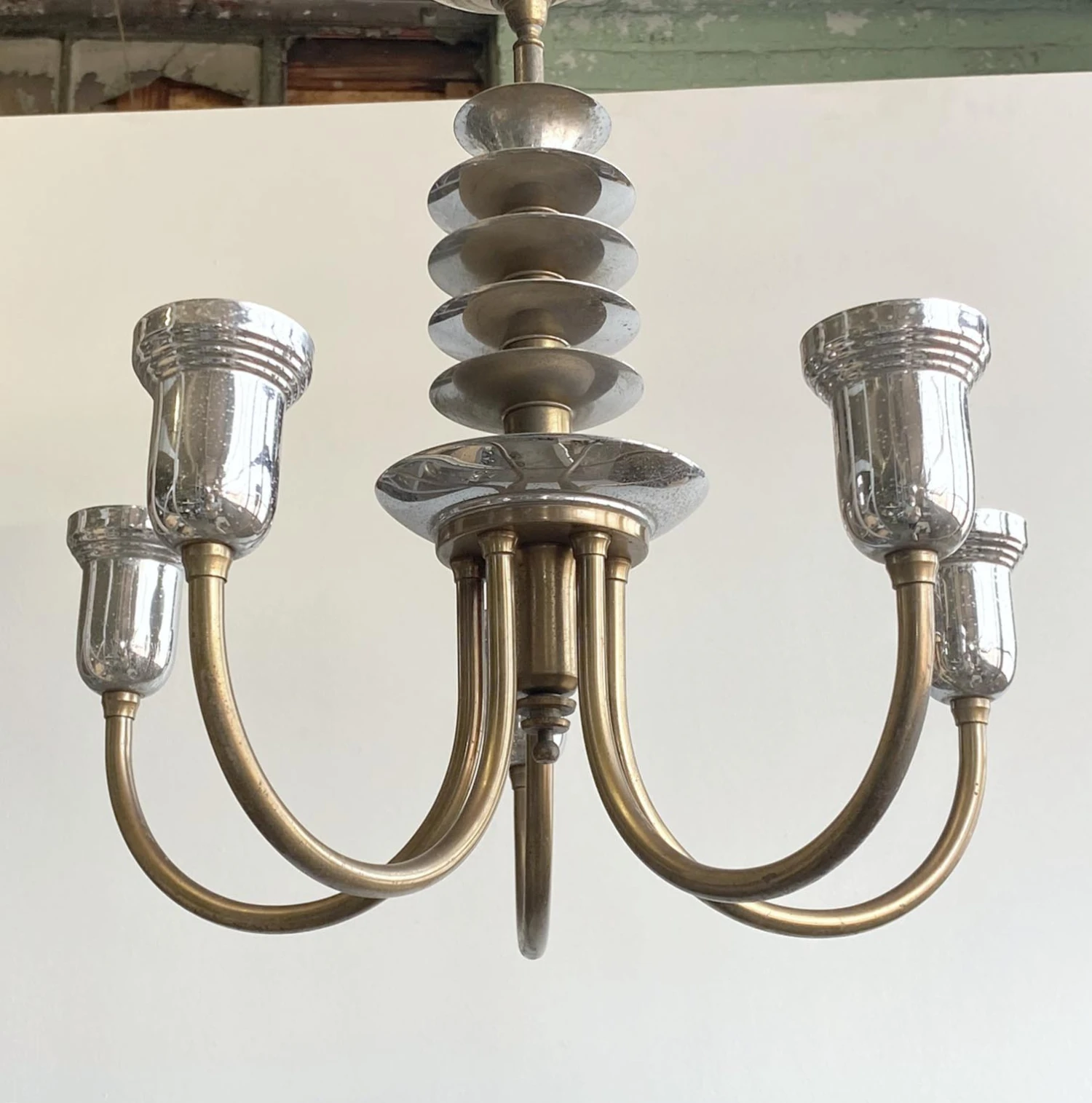 Jetson Art Deco Nickel & Bronze Chandelier 5 Jetson Art Deco Nickel & Bronze Chandelier - Image 3