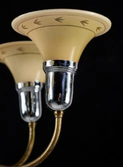 1930s Art Deco 5 Arm Etched Glass Shades Brass & Nickel Chandelier 12 1930s Art Deco 5 Arm Etched Glass Shades Brass & Nickel Chandelier -OGT Sale Store chandeliers for sale q275083