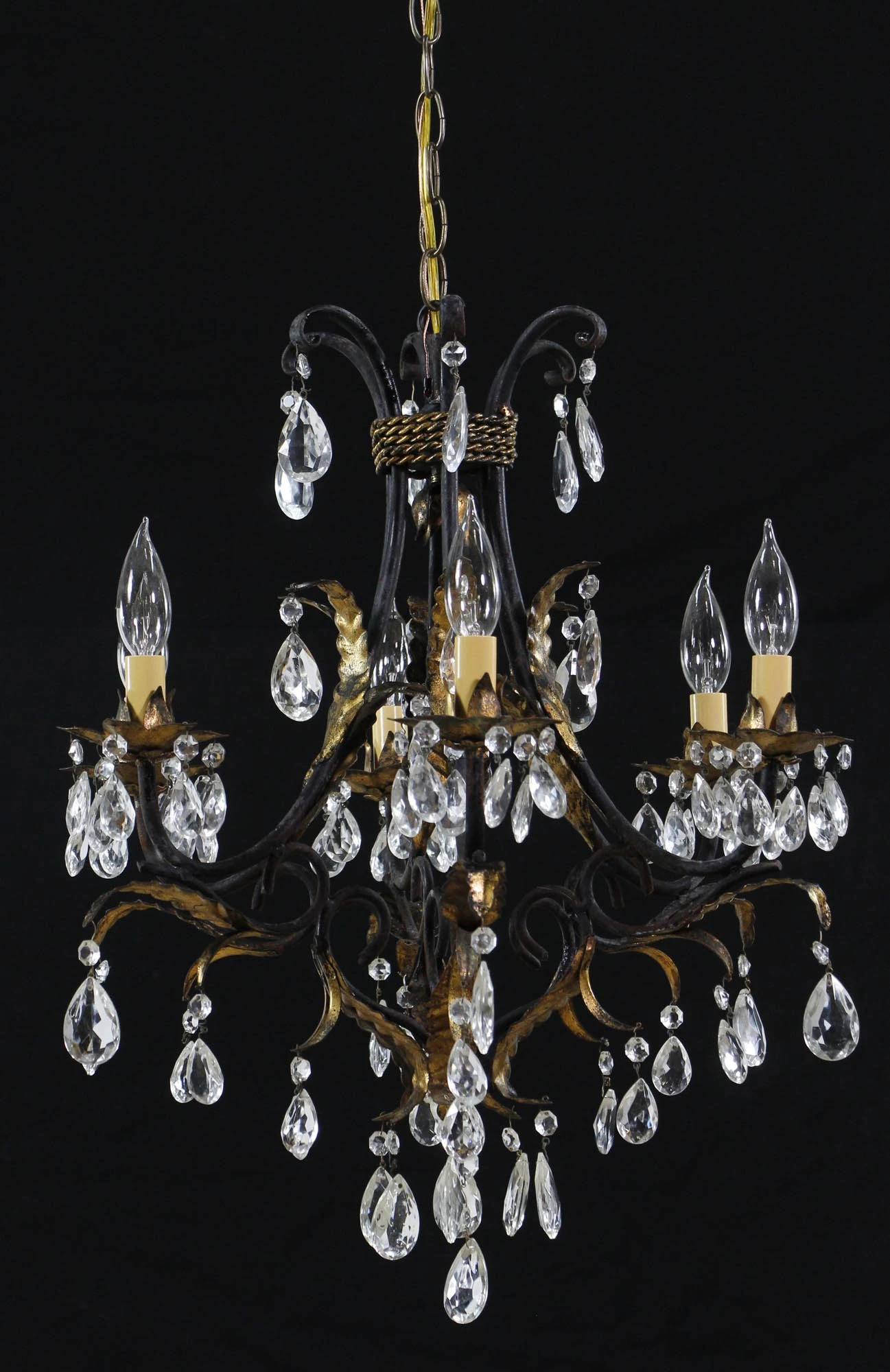 Early 20th Century 6 Arm Black Tole Crystal Chandelier 5 Early 20th Century 6 Arm Black Tole Crystal Chandelier - Image 3