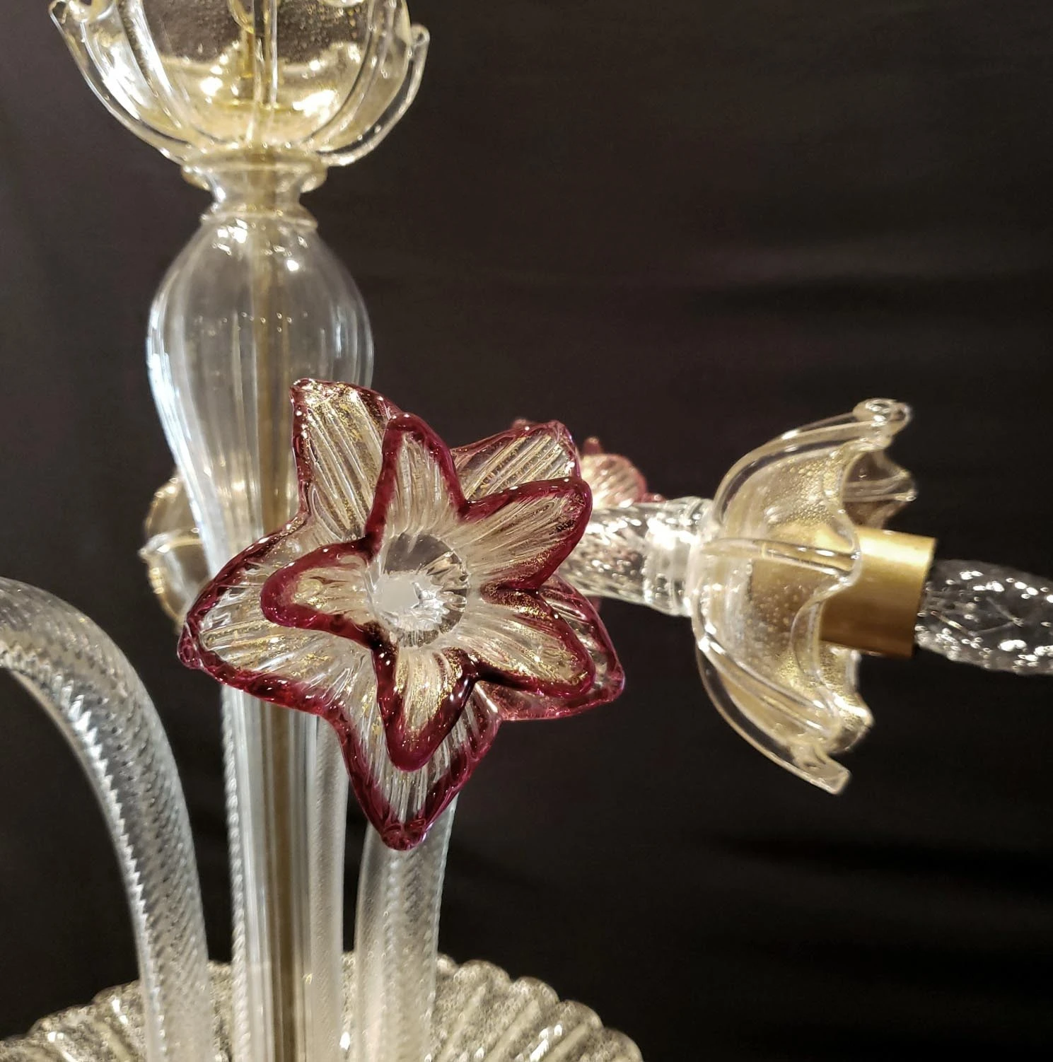 Vintage Murano Crystal 3 J Arms Chandelier With Gold & Rose Inflections 5 Vintage Murano Crystal 3 J Arms Chandelier With Gold & Rose Inflections - Image 3