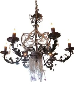 French Black Metal Beaded Chandelier With 5 Arms