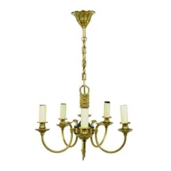 French Empire Eagle 5 Arm Brass Chandelier With Green Accents