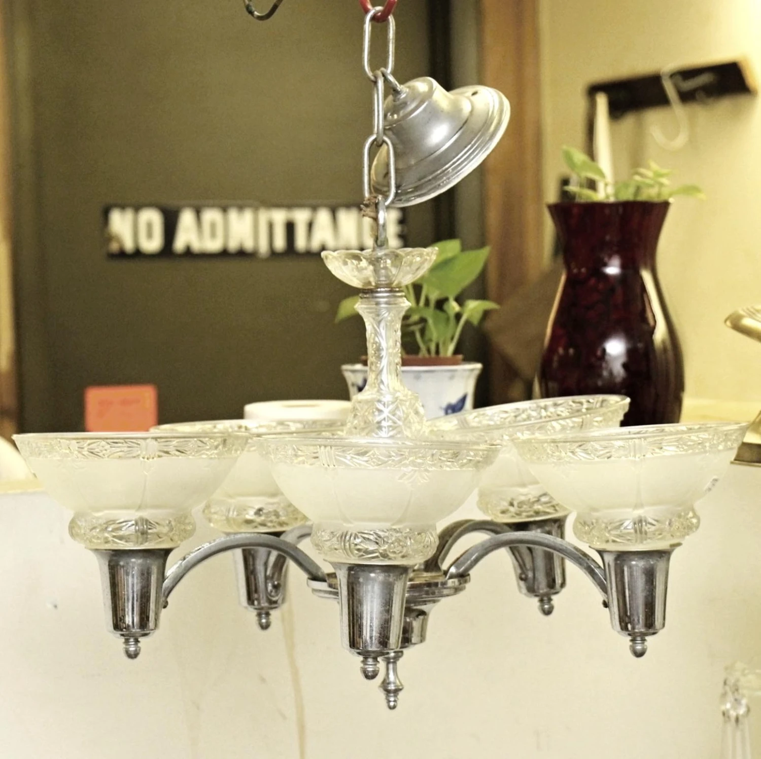 Vintage 5 Light Slip Shade Chrome Art Deco Chandelier 4 Vintage 5 Light Slip Shade Chrome Art Deco Chandelier - Image 2