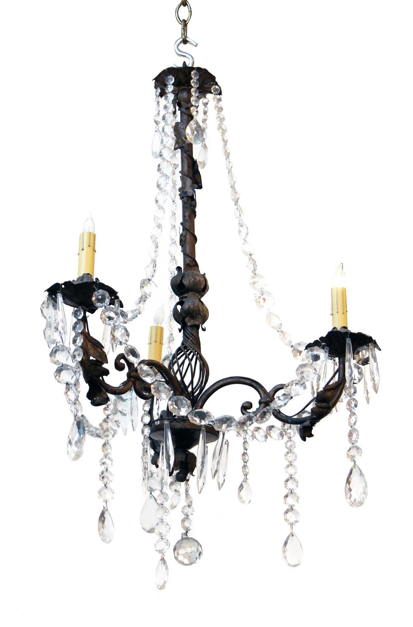 French 3 Arm Bronze & Crystal Chandelier 4 French 3 Arm Bronze & Crystal Chandelier - Image 2