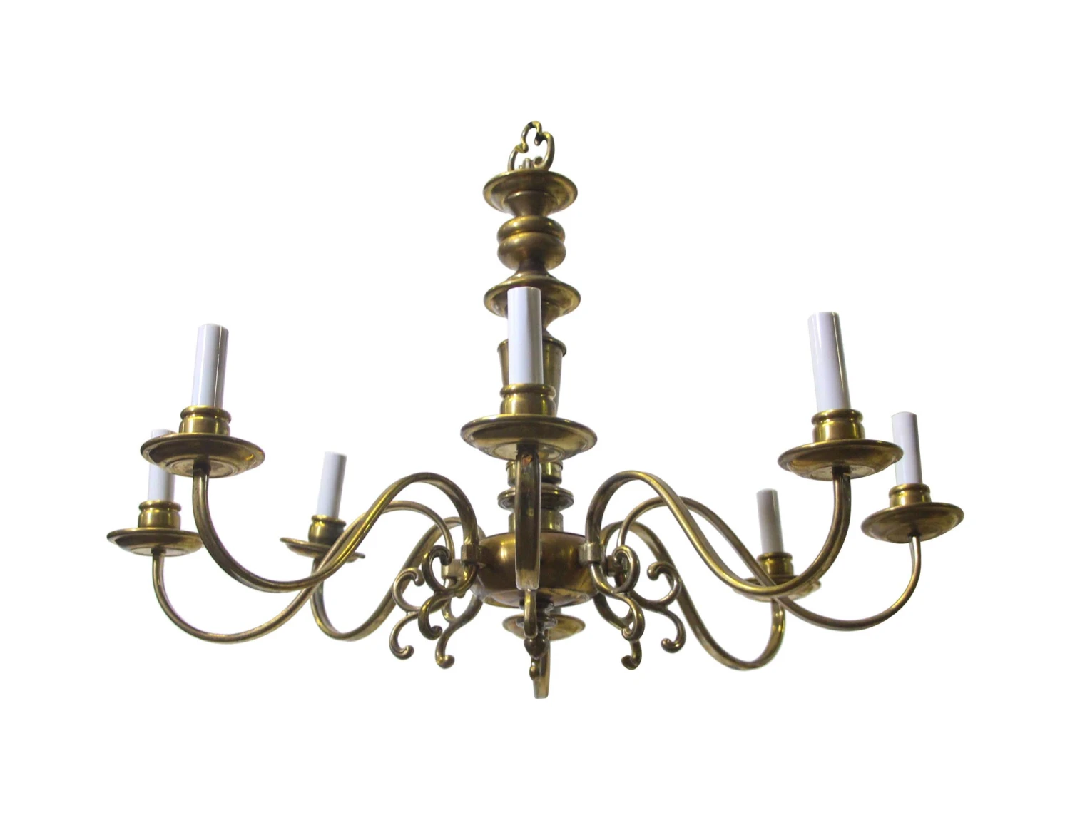 Antique 8 Arm Brass Colonial Style Chandelier 4 Antique 8 Arm Brass Colonial Style Chandelier - Image 2