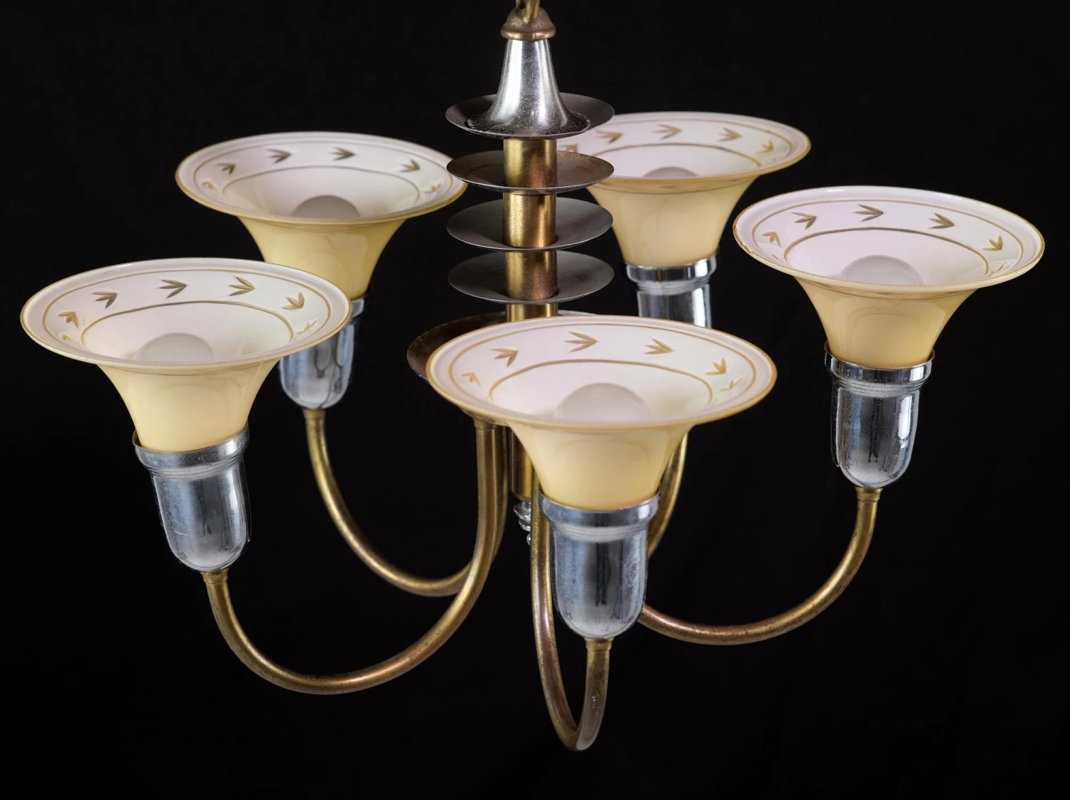 1930s Art Deco 5 Arm Etched Glass Shades Brass & Nickel Chandelier 4 1930s Art Deco 5 Arm Etched Glass Shades Brass & Nickel Chandelier - Image 2