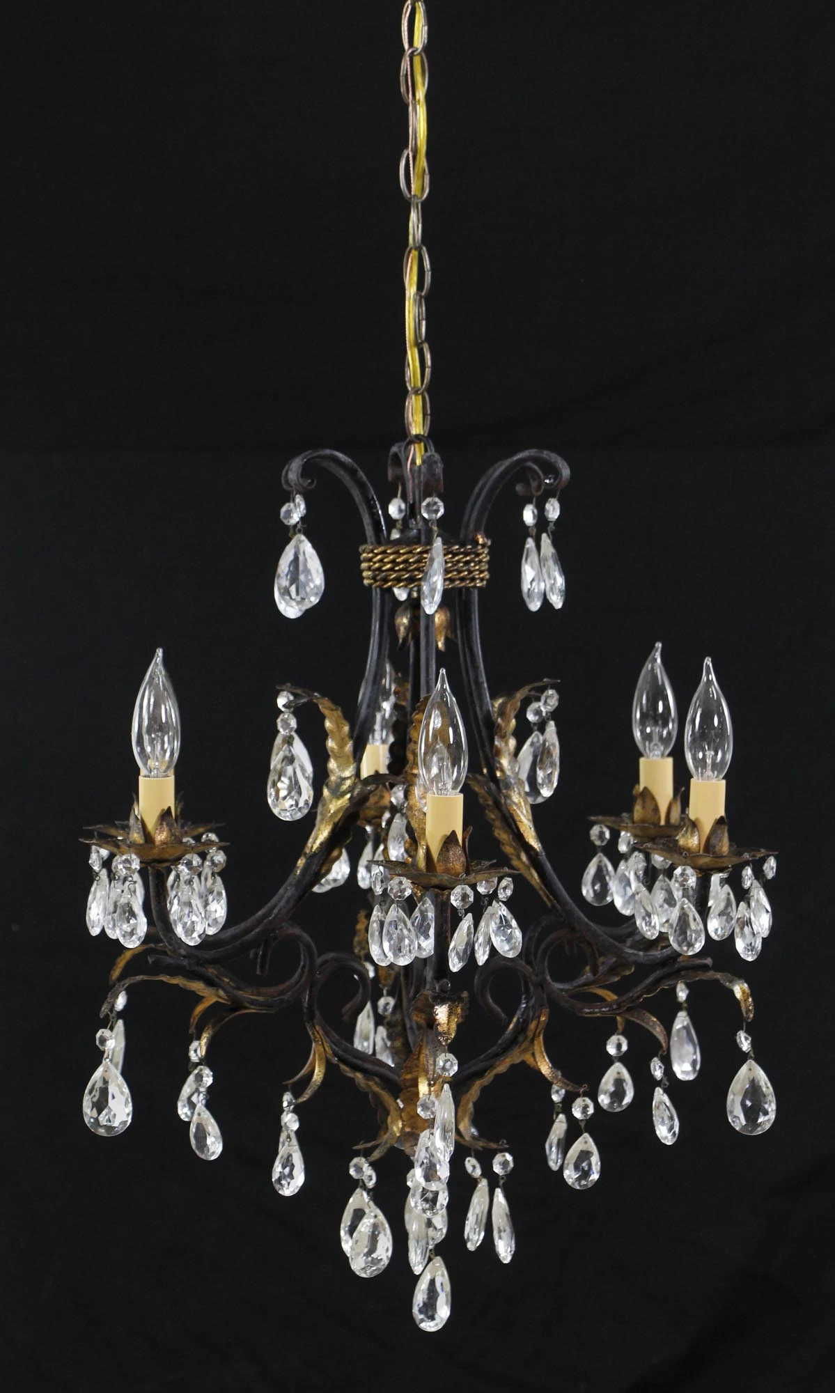 Early 20th Century 6 Arm Black Tole Crystal Chandelier 4 Early 20th Century 6 Arm Black Tole Crystal Chandelier - Image 2