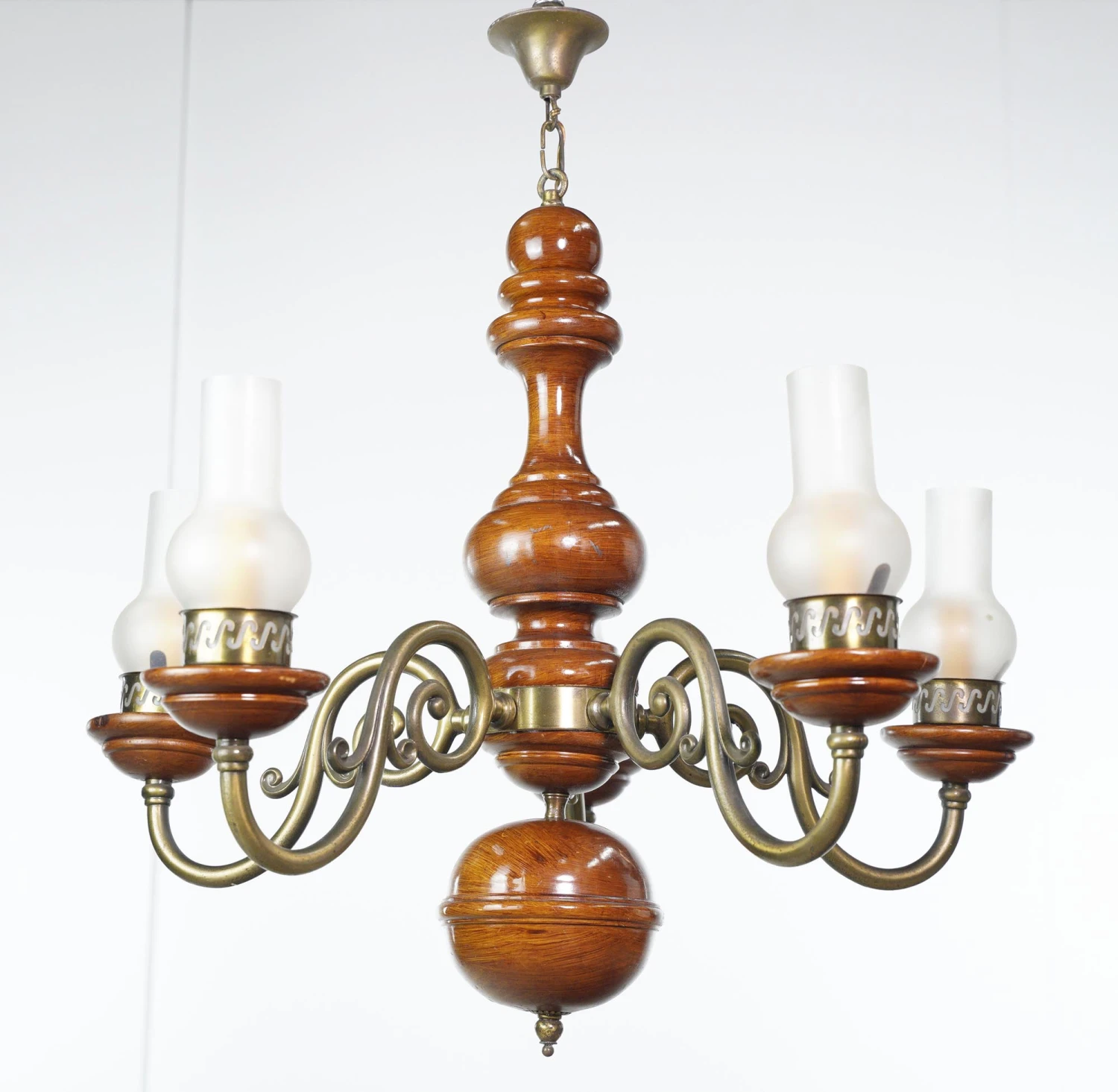 Traditional 5 Brass Plated Arms Medium Tone Wood Chandelier 4 Traditional 5 Brass Plated Arms Medium Tone Wood Chandelier - Image 2