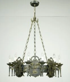 Wrought Iron 12 Arm Hammered Shield Motif Medieval Chandelier -OGT Sale Store chandeliers q284215