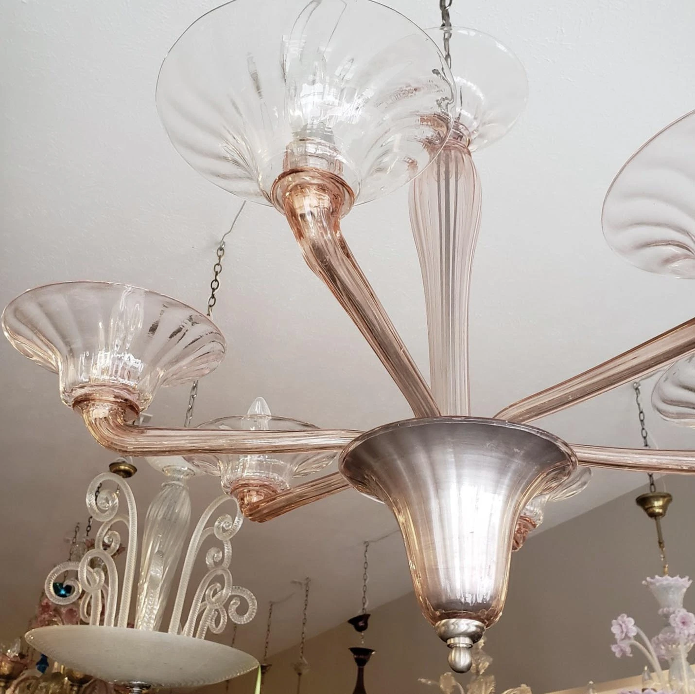 Vintage Murano Swirl Glass Light Pink 6 Up Arms Chandelier 4 Vintage Murano Swirl Glass Light Pink 6 Up Arms Chandelier - Image 2
