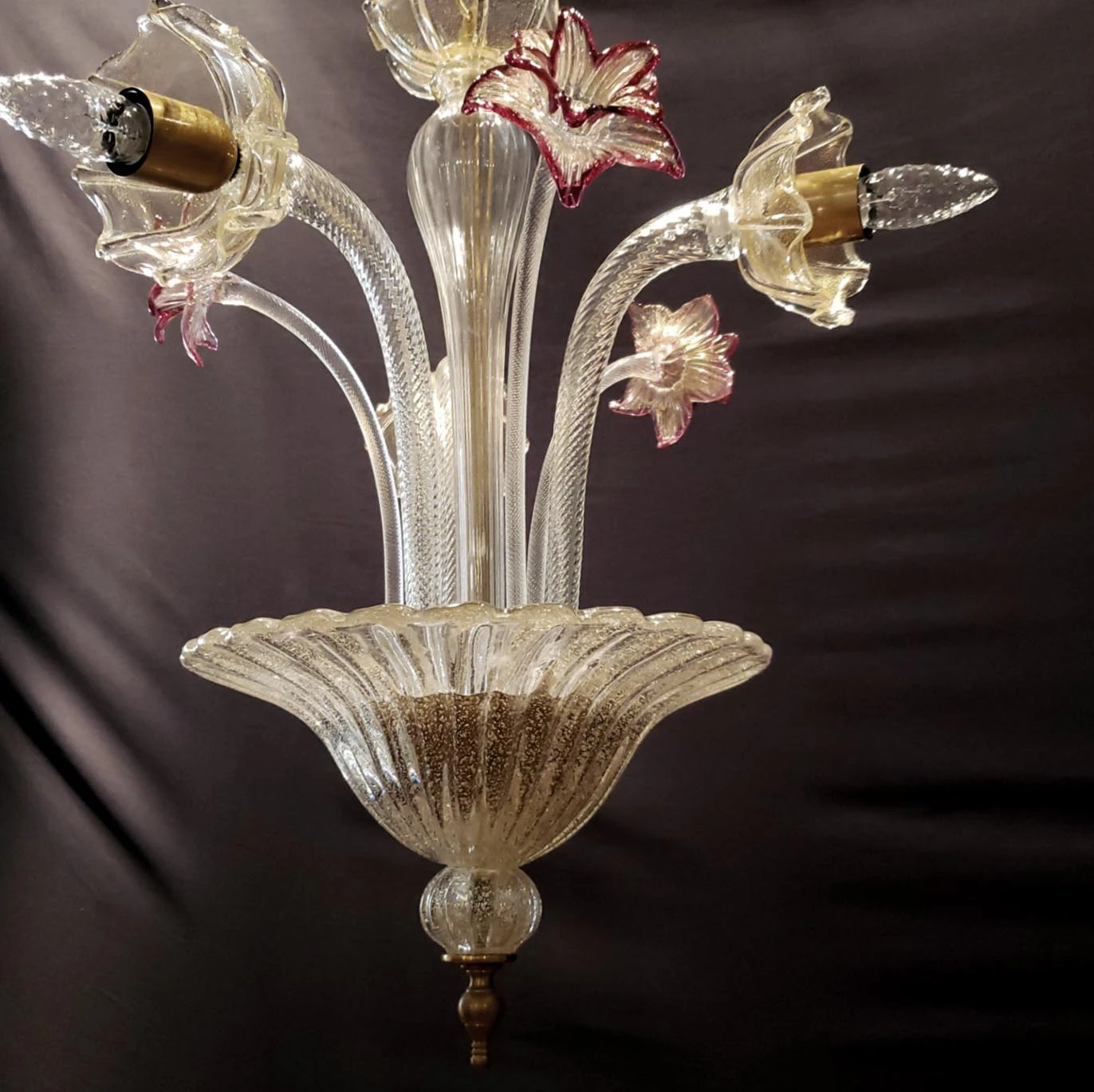 Vintage Murano Crystal 3 J Arms Chandelier With Gold & Rose Inflections 4 Vintage Murano Crystal 3 J Arms Chandelier With Gold & Rose Inflections - Image 2