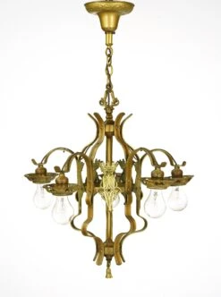 Spanish Revival 5 Arm Exposed Bulbs Cast Iron Chandelier