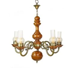 Traditional 5 Brass Plated Arms Medium Tone Wood Chandelier