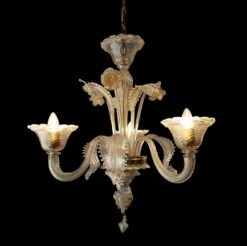 Vintage 3 Arm Gold Inflections Murano Glass Flowers & Leaves Chandelier