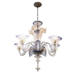 Vintage 5 Arm Murano Clear Glass With Blue Flowers Chandelier