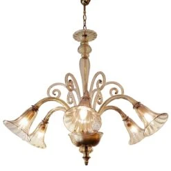 Vintage Amber Murano Glass 6 Down Arm Curls Light Chandelier