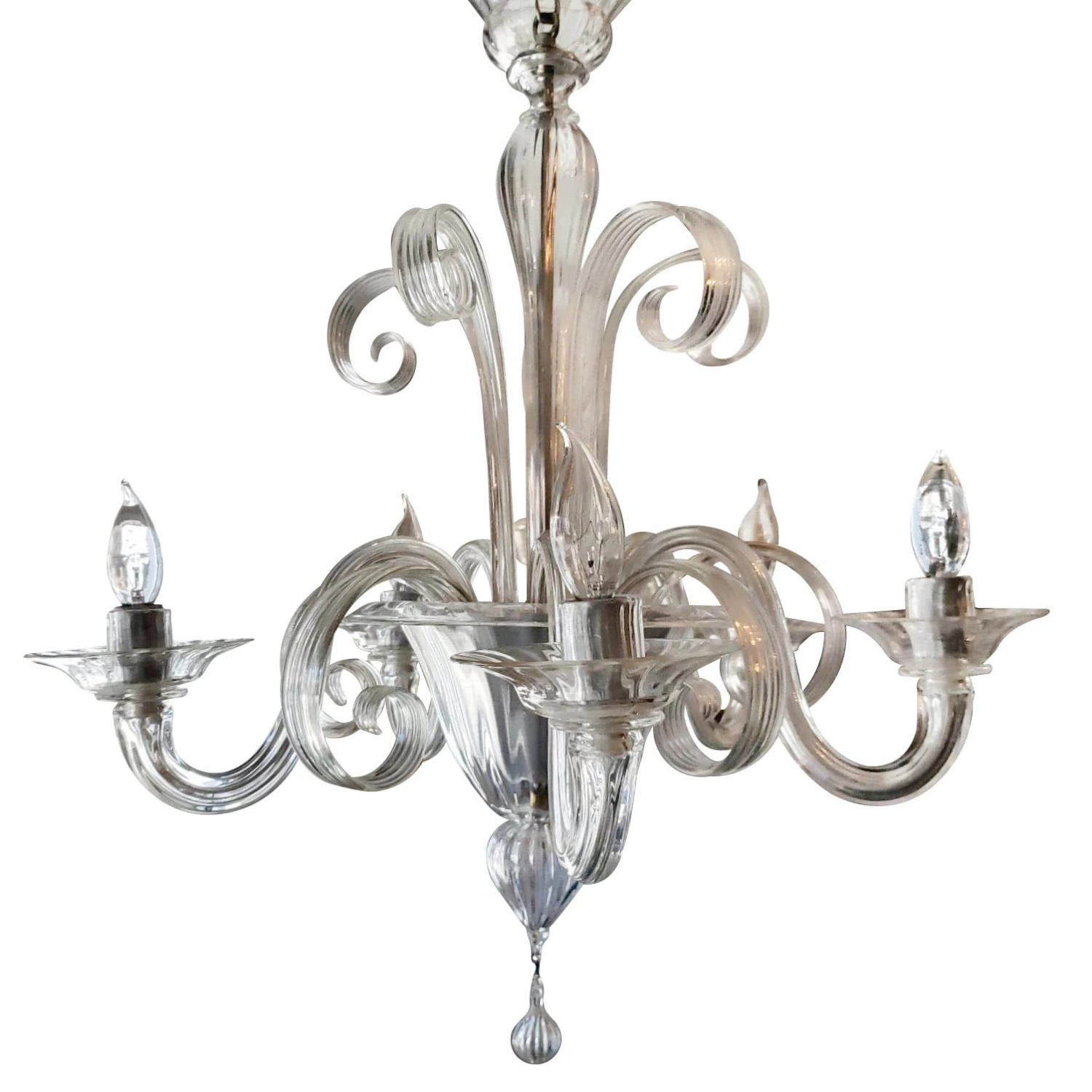 Vintage Clear Murano Glass 5 Arm Ribbon Curls Chandelier 3 Vintage Clear Murano Glass 5 Arm Ribbon Curls Chandelier
