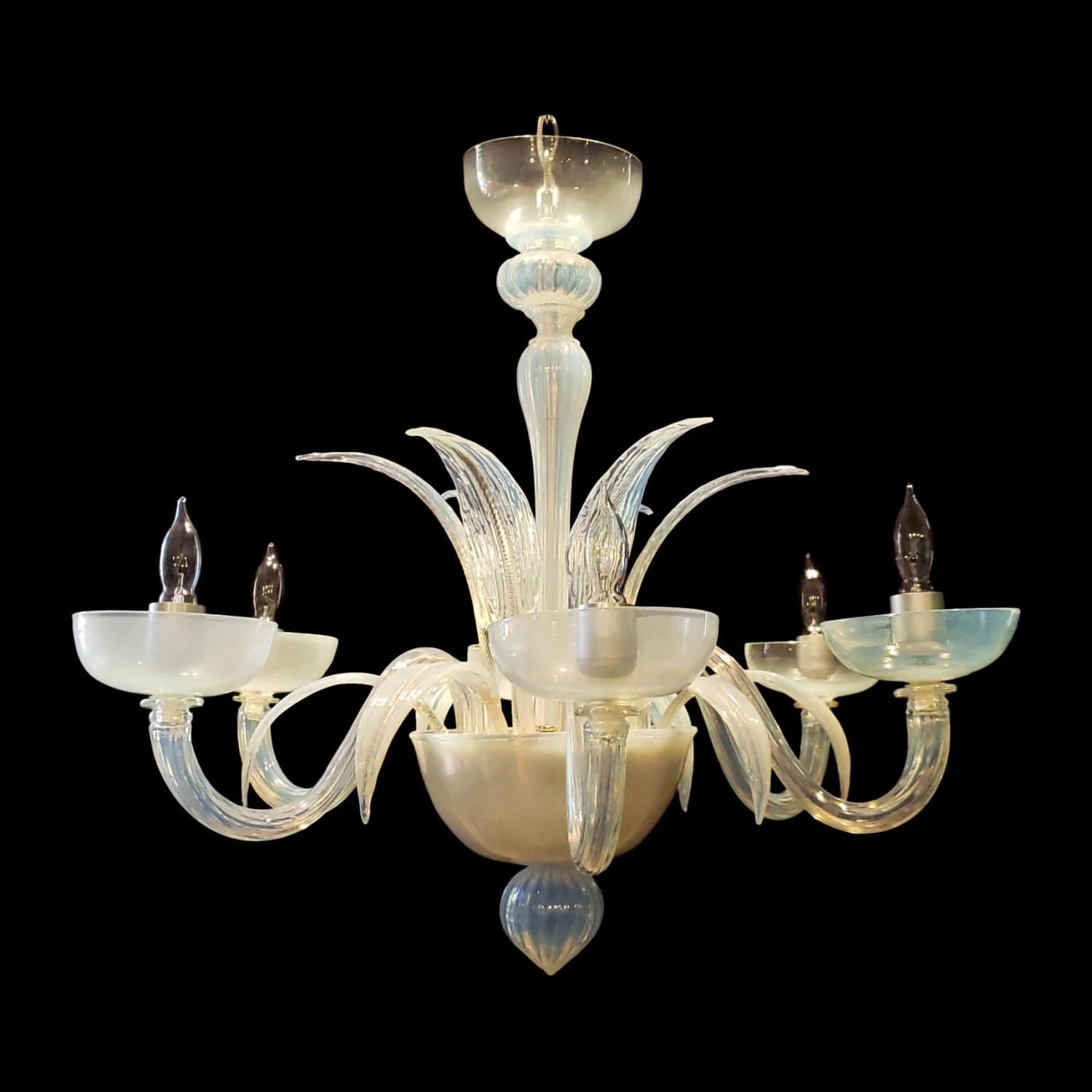 Vintage Murano Opaline Glass 6 S Arm Chandelier With Up & Down Leaves 3 Vintage Murano Opaline Glass 6 S Arm Chandelier With Up & Down Leaves