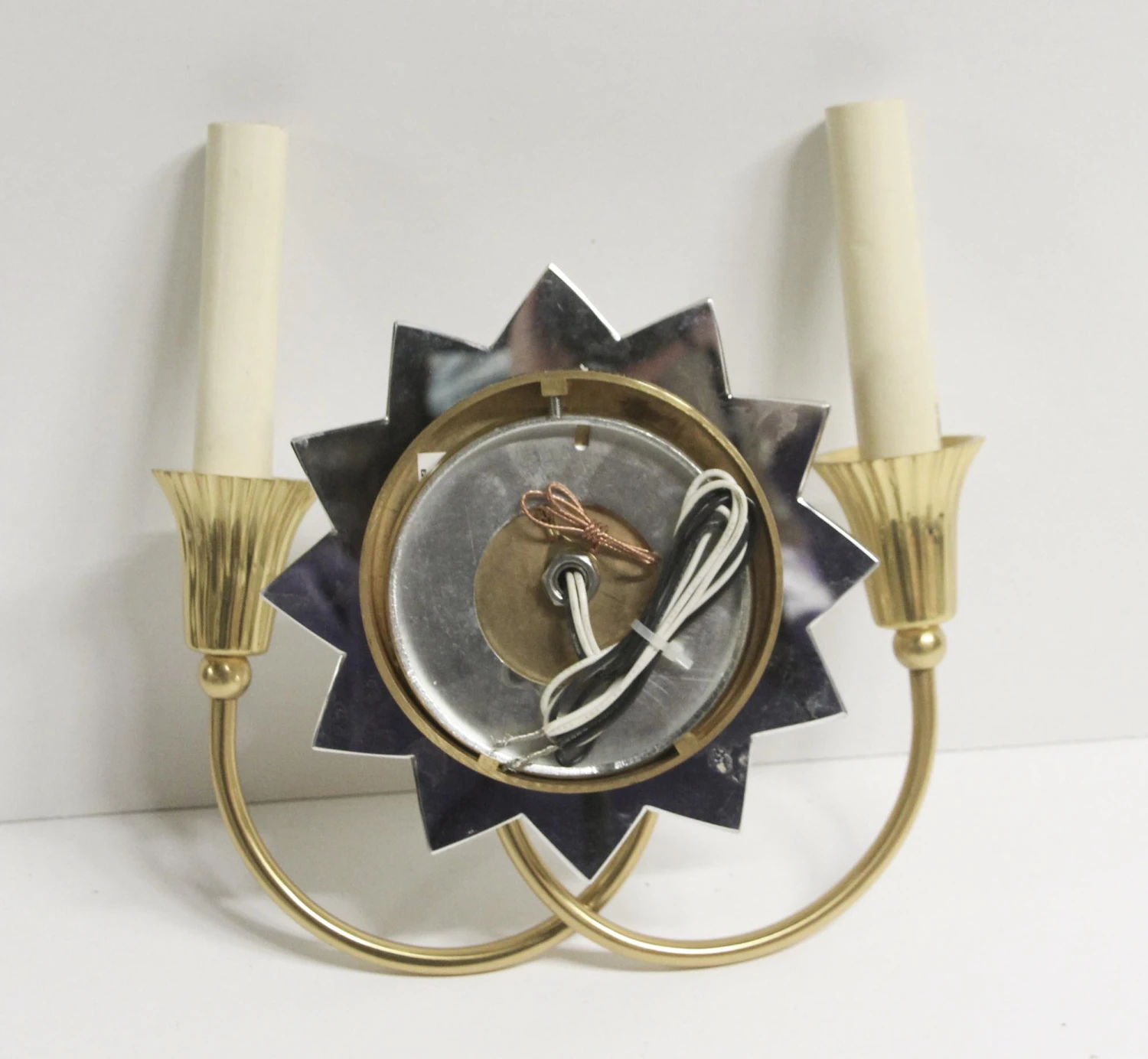 French Brass & Crystal Art Deco Floral Star 2 Arm Wall Sconce 9 French Brass & Crystal Art Deco Floral Star 2 Arm Wall Sconce - Image 7