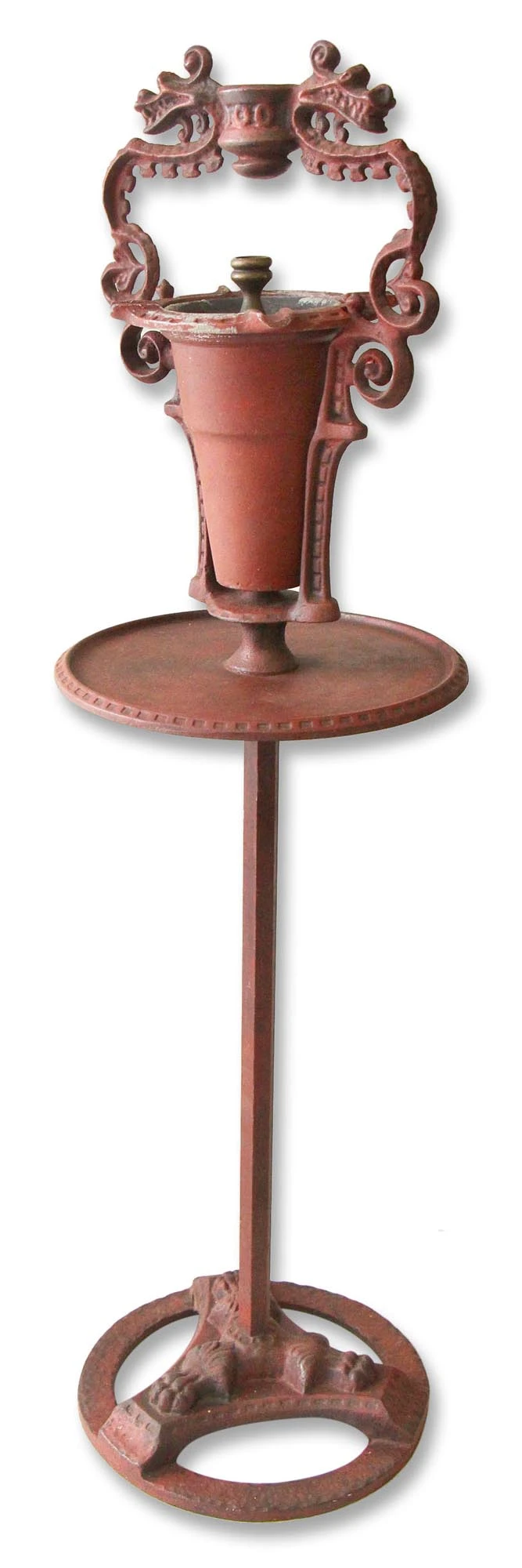 Art Deco Red Painted Iron Dragon Standing Ashtray 3 Art Deco Red Painted Iron Dragon Standing Ashtray