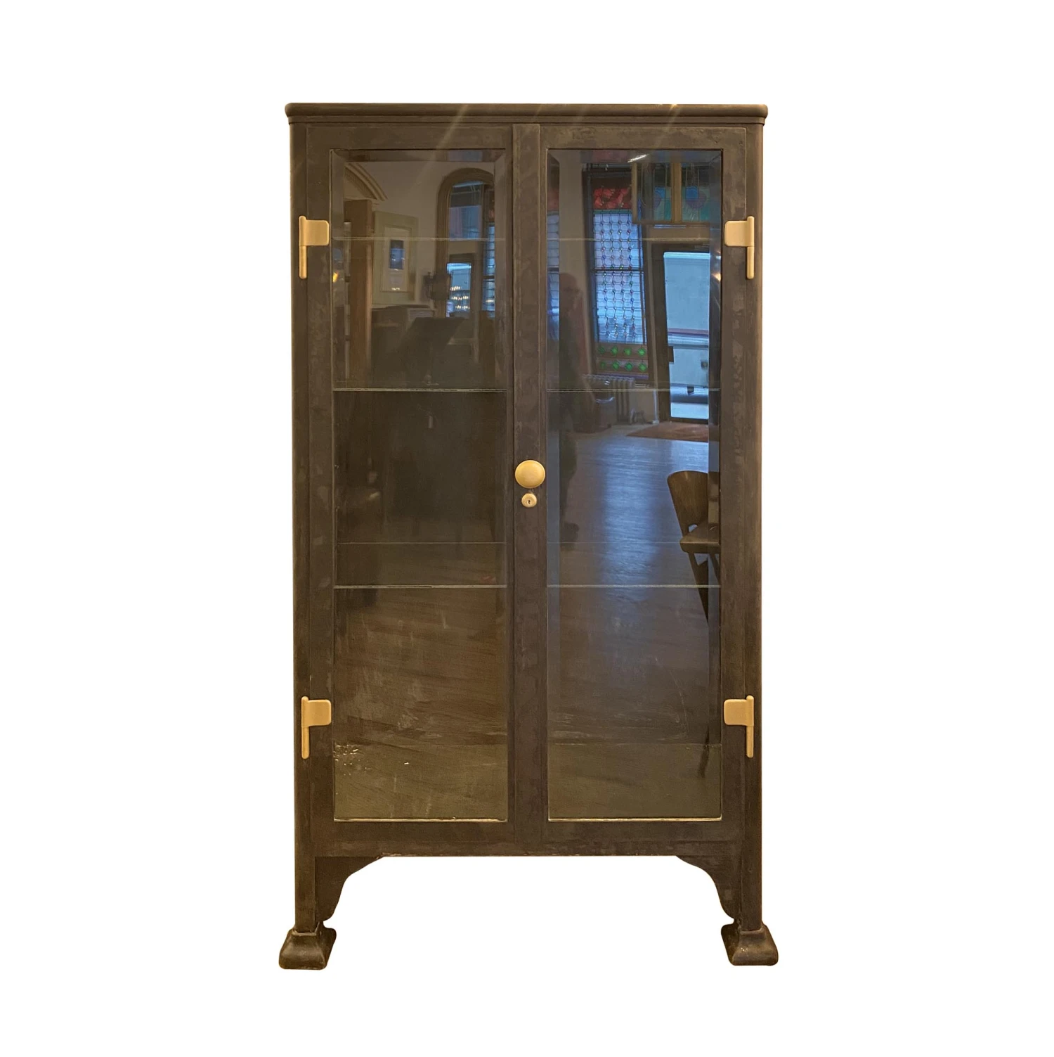 Antique 1920s Beveled Glass Double Door Iron Medical Cabinet 4 Antique 1920s Beveled Glass Double Door Iron Medical Cabinet - Image 2