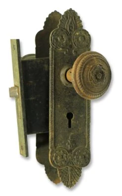 Antique 1920s Penn Cast Iron Yucca Door Knob Set