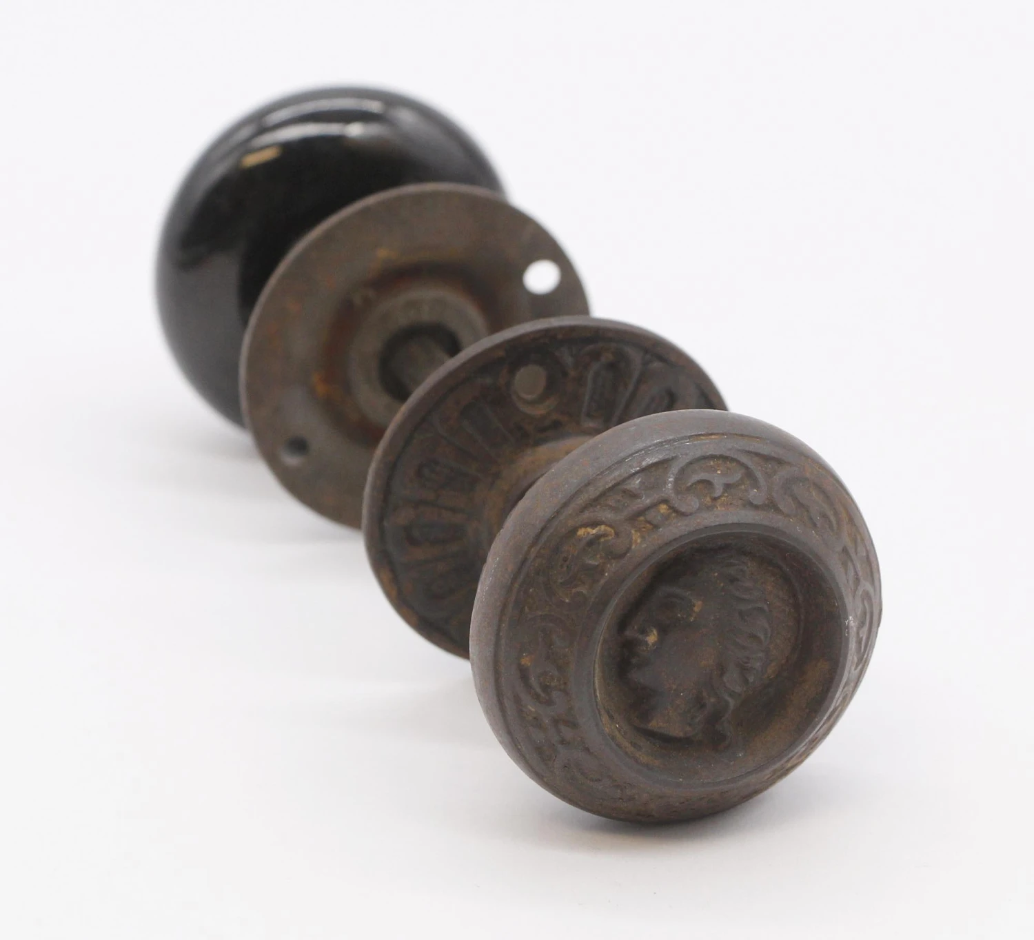 Antique Cast Iron Lady Greek & Black Porcelain Door Knob Set 3 Antique Cast Iron Lady Greek & Black Porcelain Door Knob Set