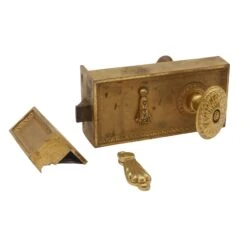 Antique Ornate Solid Brass Russwin Right Door Rim Lock & Oval Knob Set