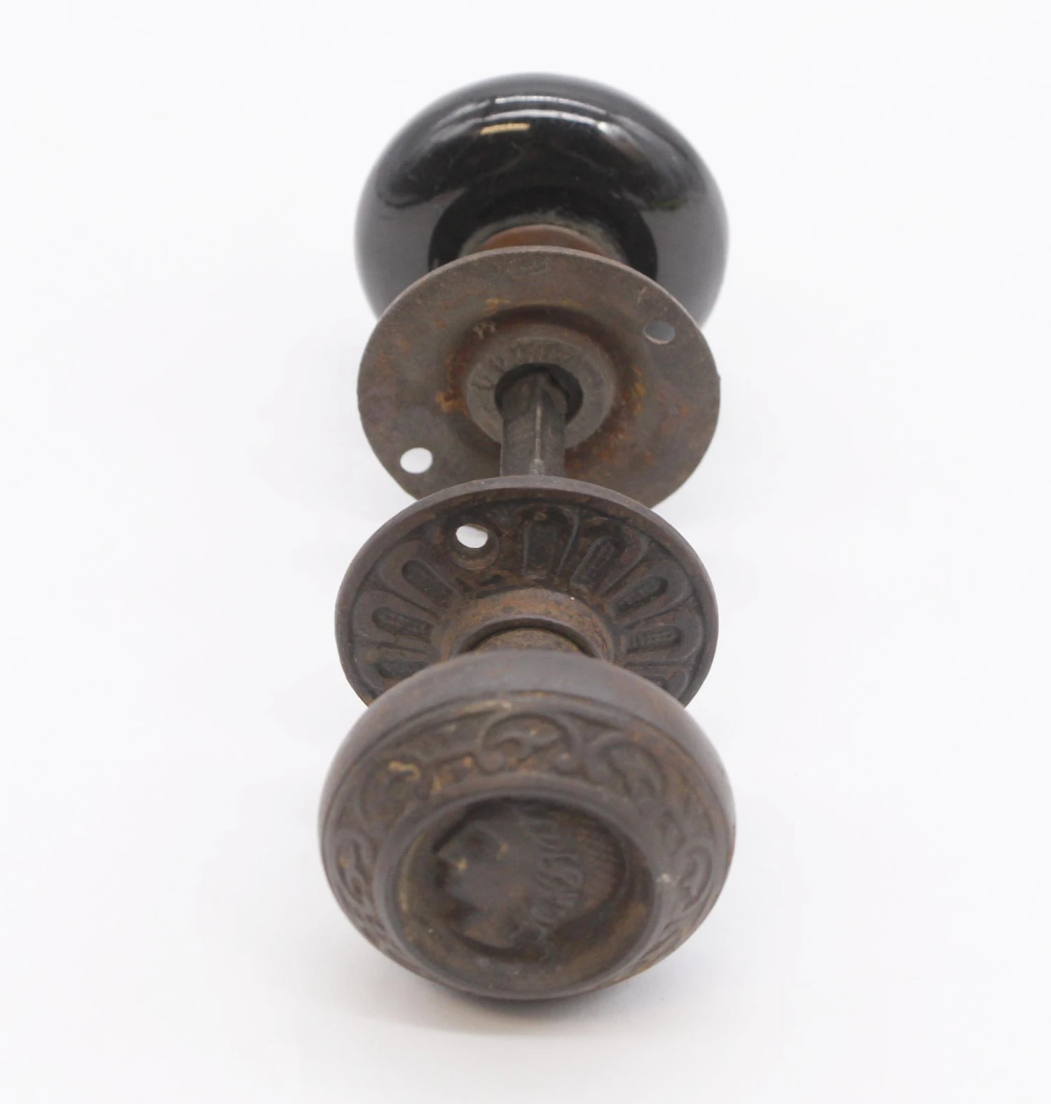 Antique Cast Iron Lady Greek & Black Porcelain Door Knob Set 5 Antique Cast Iron Lady Greek & Black Porcelain Door Knob Set - Image 3