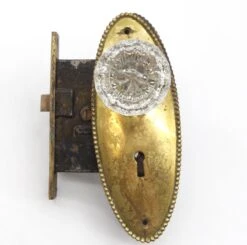 Vintage Fluted Glass Brass Oval Plate Passage Door Knob Set 14 Vintage Fluted Glass Brass Oval Plate Passage Door Knob Set -OGT Sale Store door knob sets for sale q287358