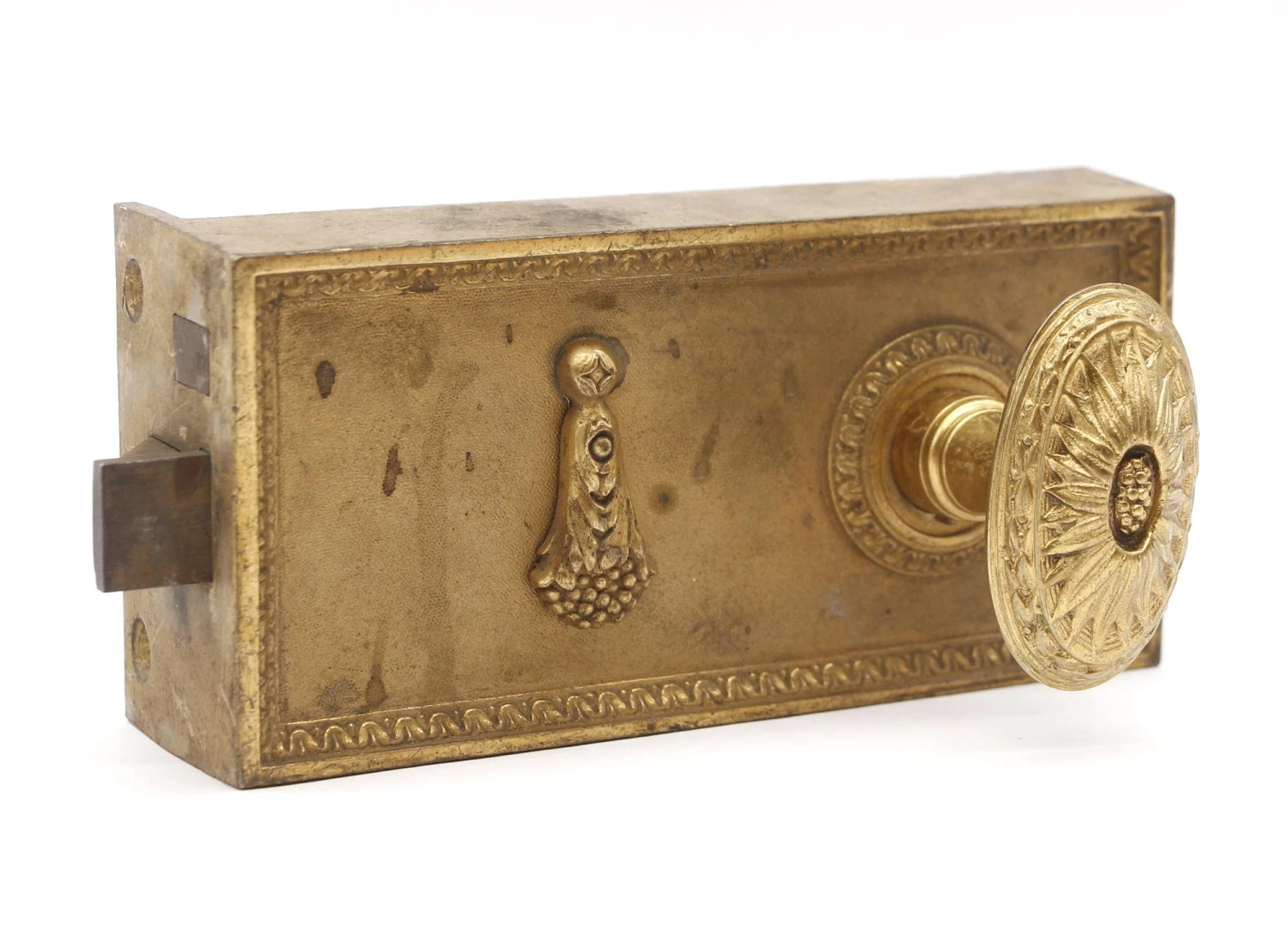 Antique Ornate Solid Brass Russwin Right Door Rim Lock & Oval Knob Set 4 Antique Ornate Solid Brass Russwin Right Door Rim Lock & Oval Knob Set - Image 2