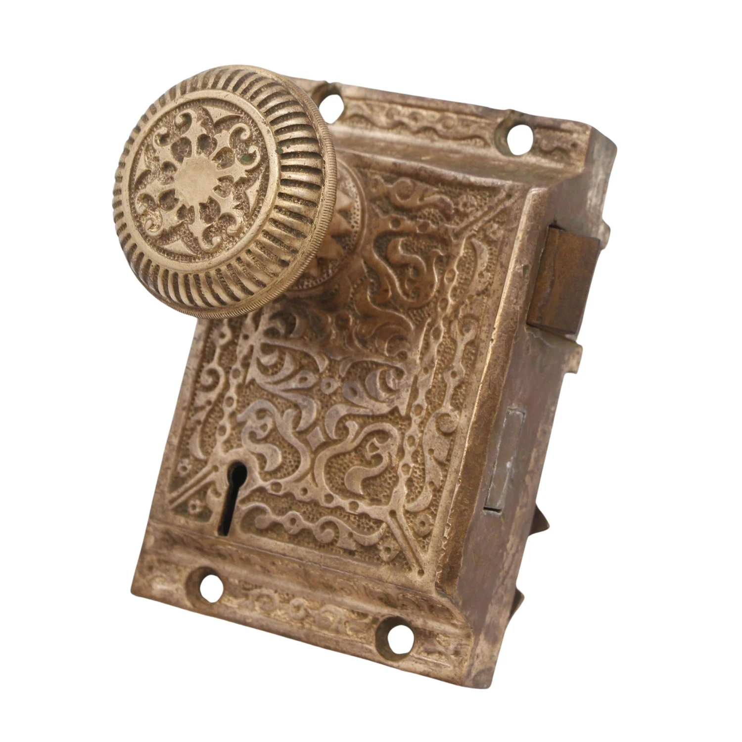 Antique Victorian Bronze Rim Door Lock Set 4 Antique Victorian Bronze Rim Door Lock Set - Image 2