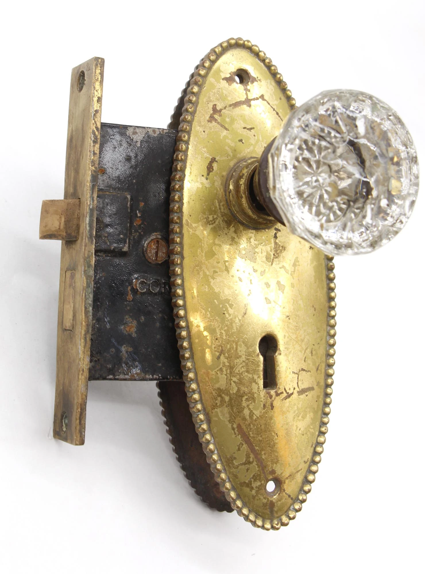 Vintage Fluted Glass Brass Oval Plate Passage Door Knob Set 4 Vintage Fluted Glass Brass Oval Plate Passage Door Knob Set - Image 2