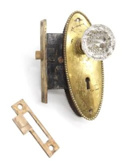 Vintage Fluted Glass Brass Oval Plate Passage Door Knob Set