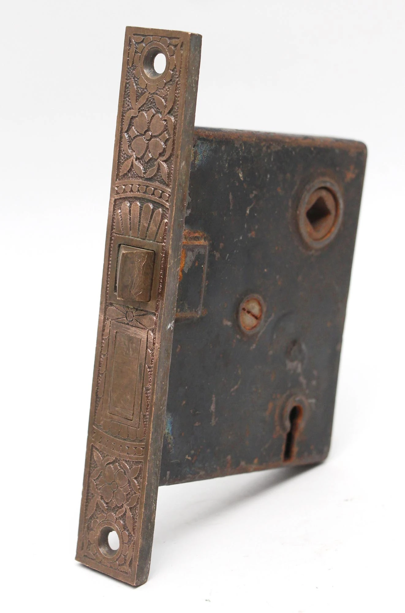 Antique Victorian Cast Iron Mortise Door Lock With Brass Face 3 Antique Victorian Cast Iron Mortise Door Lock With Brass Face