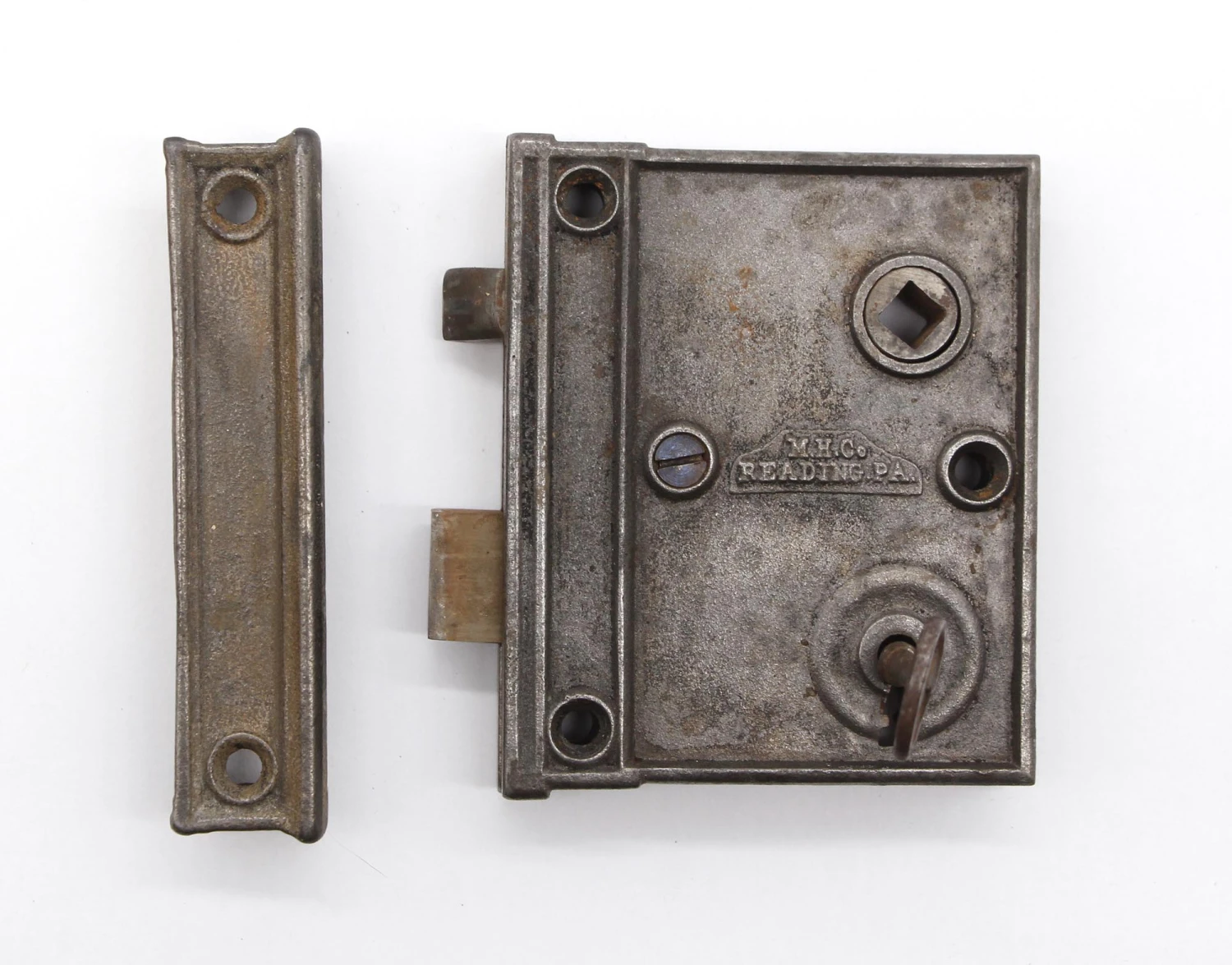 Antique M.H.C Reading Cast Iron Surface Rim Door Lock With Key 4 Antique M.H.C Reading Cast Iron Surface Rim Door Lock With Key - Image 2