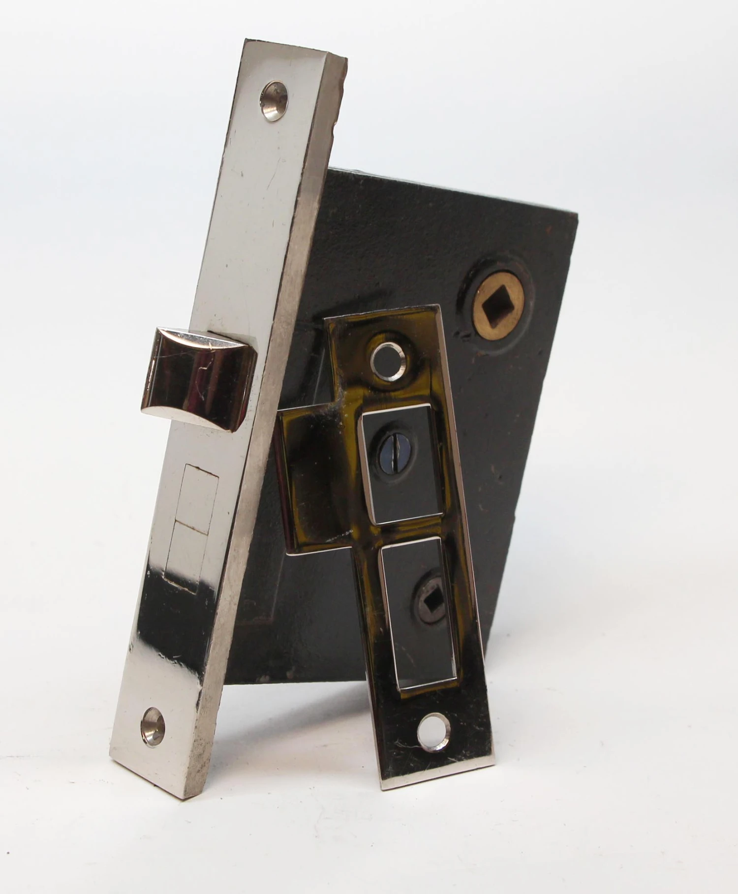 Vintage Cast Iron & Chrome Communicating Door Mortise Lock 3 Vintage Cast Iron & Chrome Communicating Door Mortise Lock