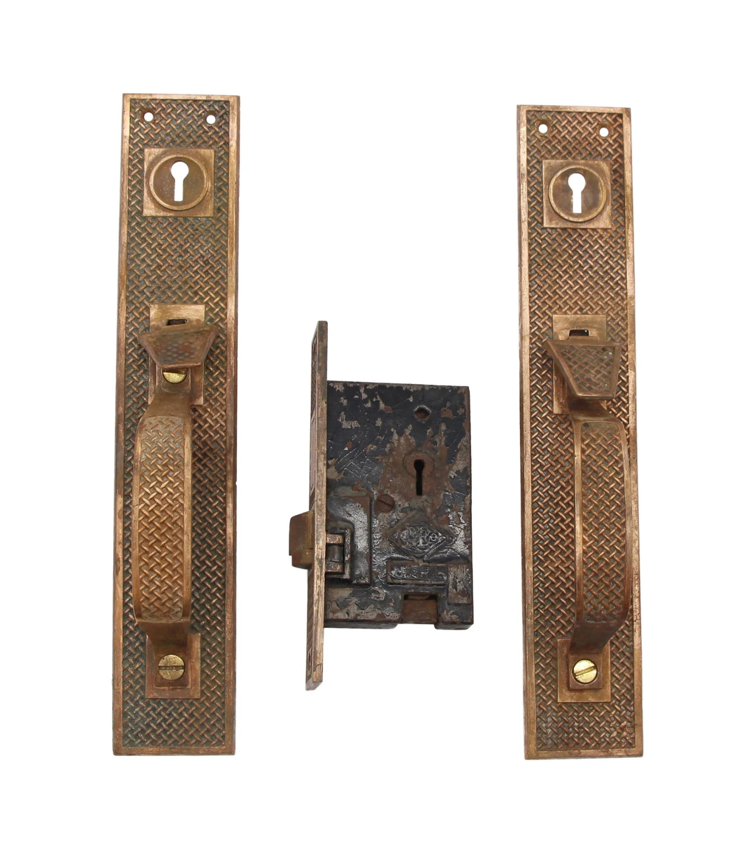 Antique 12.25 In. Bronze Russell & Erwin Lock & Door Pull Set 3 Antique 12.25 In. Bronze Russell & Erwin Lock & Door Pull Set