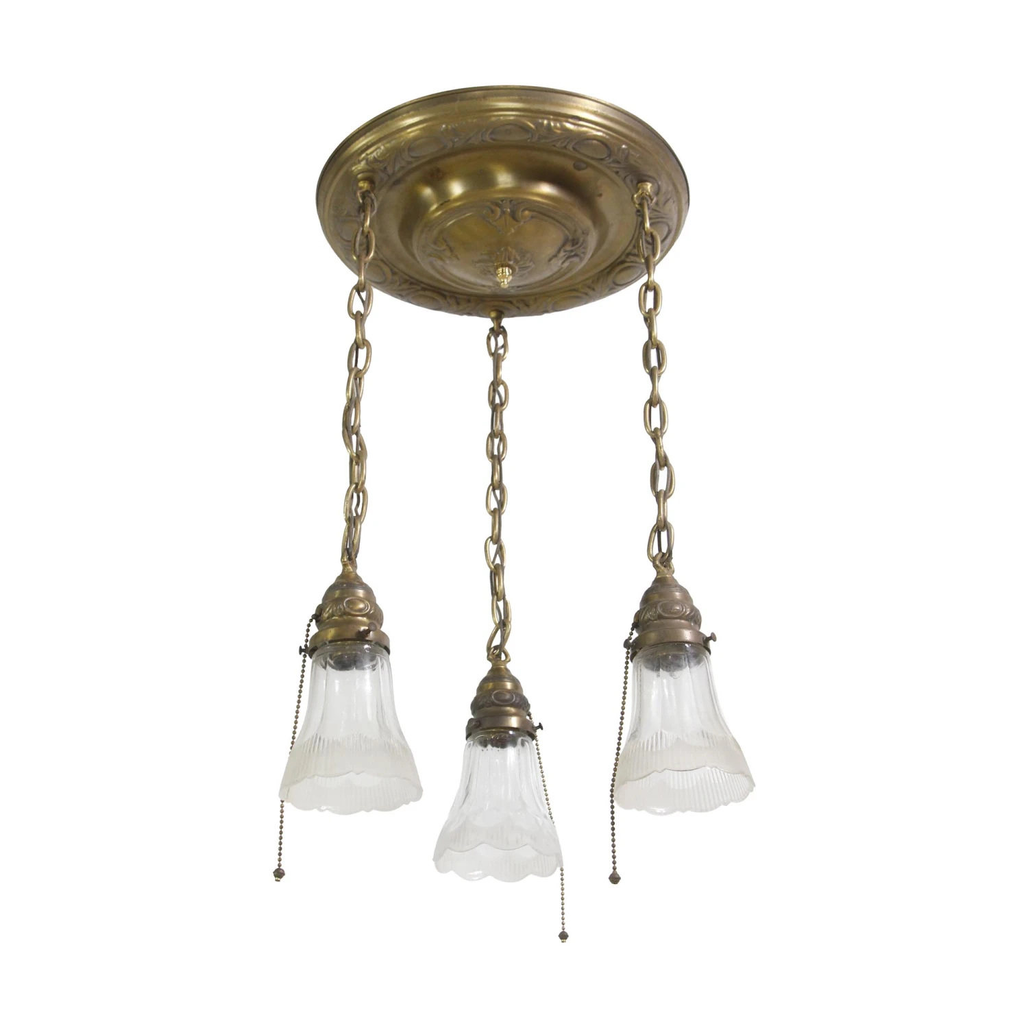 1940s Traditional Brass Pan 3 Glass Shades Pendant Light 3 1940s Traditional Brass Pan 3 Glass Shades Pendant Light