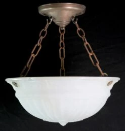Antique Frosted Cast Glass Fluted Dish Pendant Light
