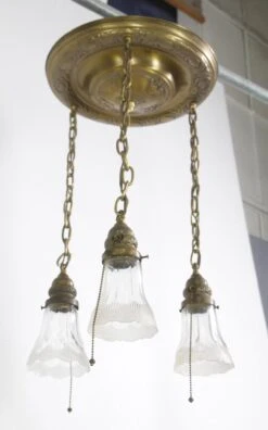 1940s Traditional Brass Pan 3 Glass Shades Pendant Light 12 1940s Traditional Brass Pan 3 Glass Shades Pendant Light -OGT Sale Store down lights for sale q274171