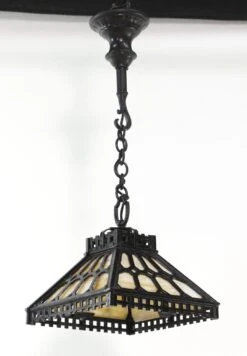 Rare Arts & Crafts Slag Glass Black Cast Iron Pendant Light 20 Rare Arts & Crafts Slag Glass Black Cast Iron Pendant Light -OGT Sale Store down lights for sale q277366