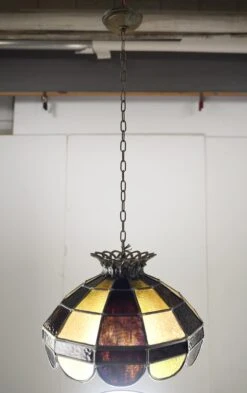 Vintage Tiffany Style Stained Yellow & Brown Glass Pendant Light 16 Vintage Tiffany Style Stained Yellow & Brown Glass Pendant Light -OGT Sale Store down lights for sale q280058
