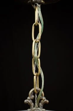 Vintage Red & Tan Leaded Stained Glass Brass Chain Pendant Light -OGT Sale Store down lights for sale q282858