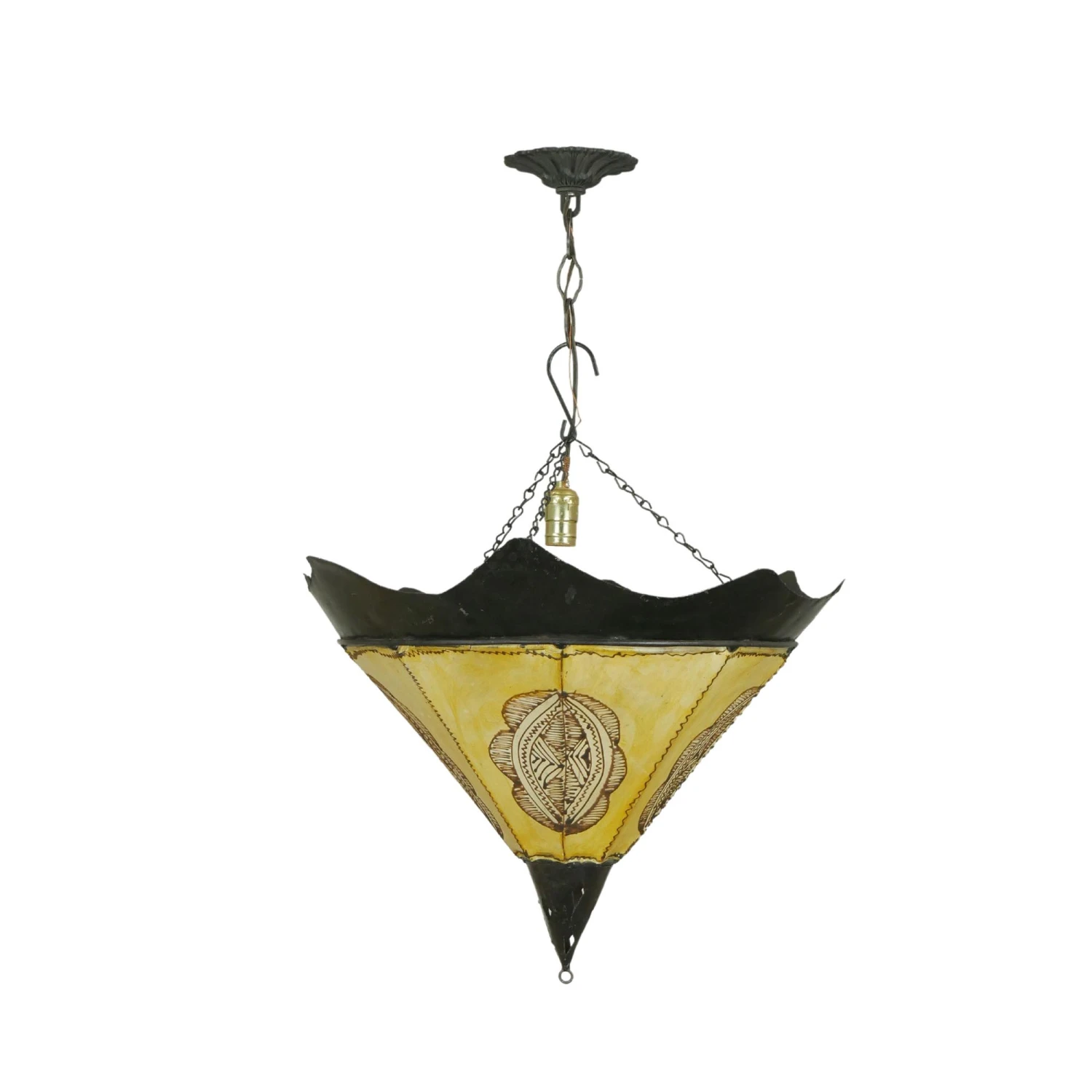 Moroccan Black Steel & Yellow Leather Pendant Light 3 Moroccan Black Steel & Yellow Leather Pendant Light