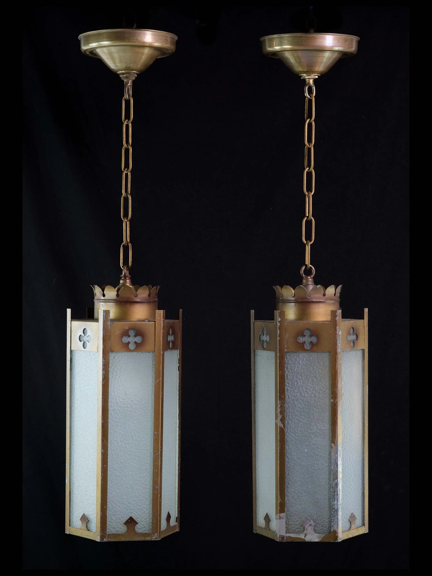 Pair Of 1950s Brass Patina Gothic Pendant Lights 3 Pair Of 1950s Brass Patina Gothic Pendant Lights