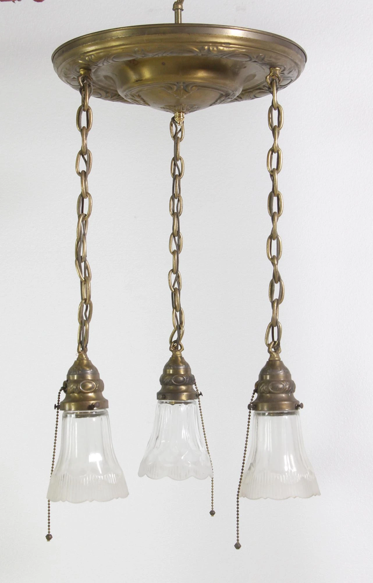 1940s Traditional Brass Pan 3 Glass Shades Pendant Light 4 1940s Traditional Brass Pan 3 Glass Shades Pendant Light - Image 2