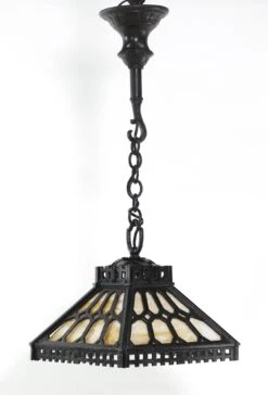 Rare Arts & Crafts Slag Glass Black Cast Iron Pendant Light 19 Rare Arts & Crafts Slag Glass Black Cast Iron Pendant Light -OGT Sale Store down lights q277366