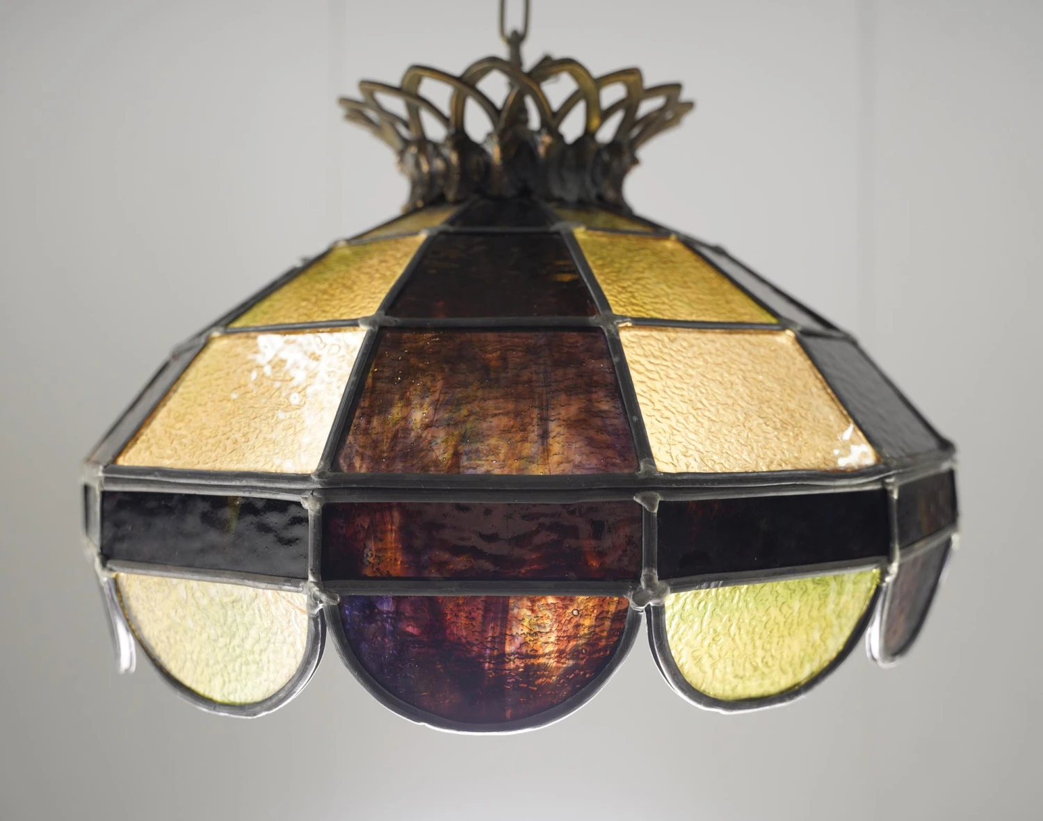 Vintage Tiffany Style Stained Yellow & Brown Glass Pendant Light 4 Vintage Tiffany Style Stained Yellow & Brown Glass Pendant Light - Image 2